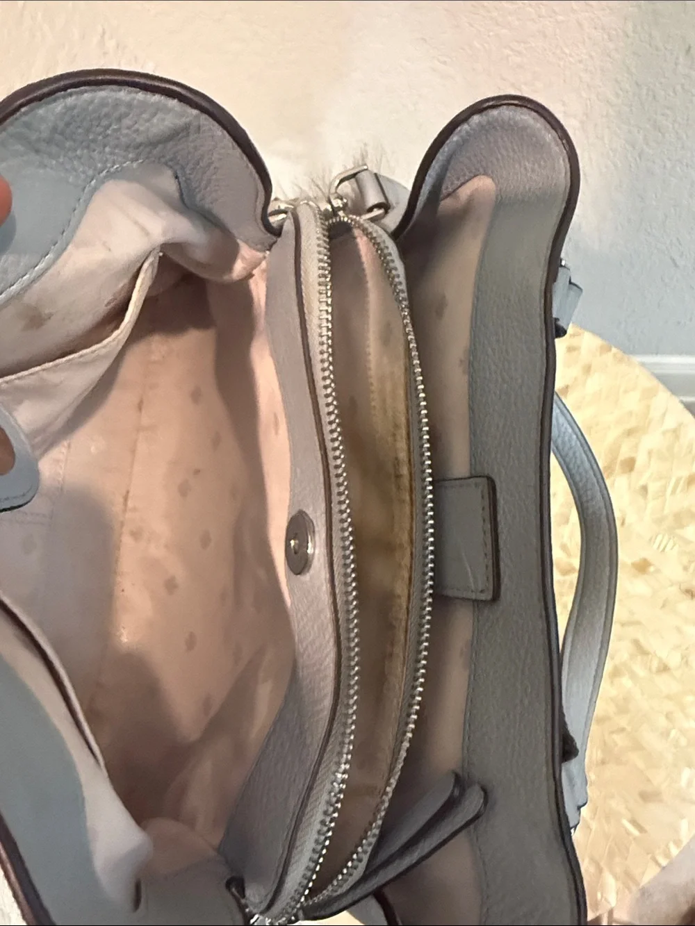 Kate Spade pale blue pebbled leather satchel with charm